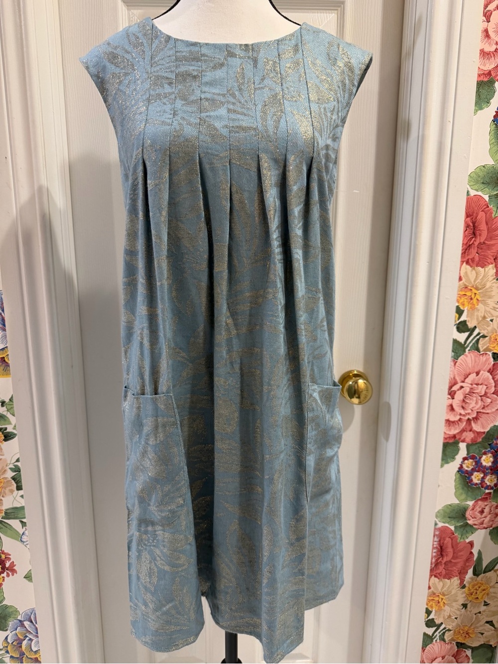 Blue Metallic Leaf Print Linen Sleeveless Shift Dress